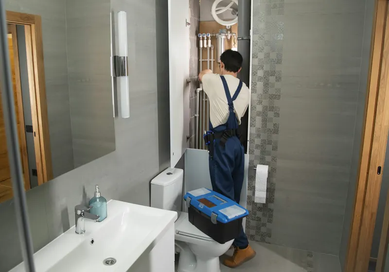 A plumber repairing fittings in a bathroom