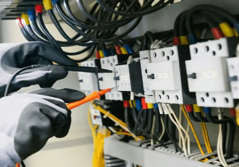 An electrician testing an electrical panel